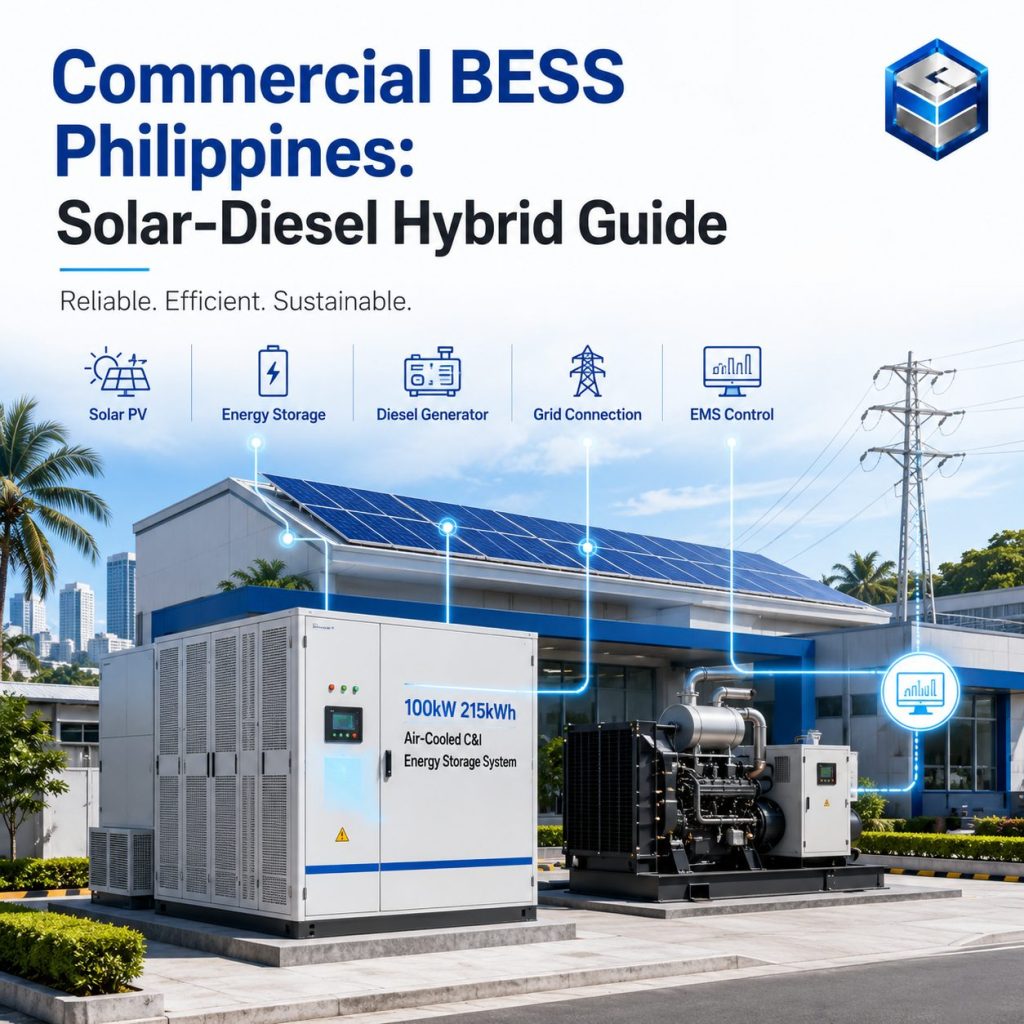 MegSolid commercial BESS solar-diesel hybrid guide for the Philippines, featuring a 100kW 215kWh air-cooled battery storage system and diesel generator deployed at a tropical C&I facility.