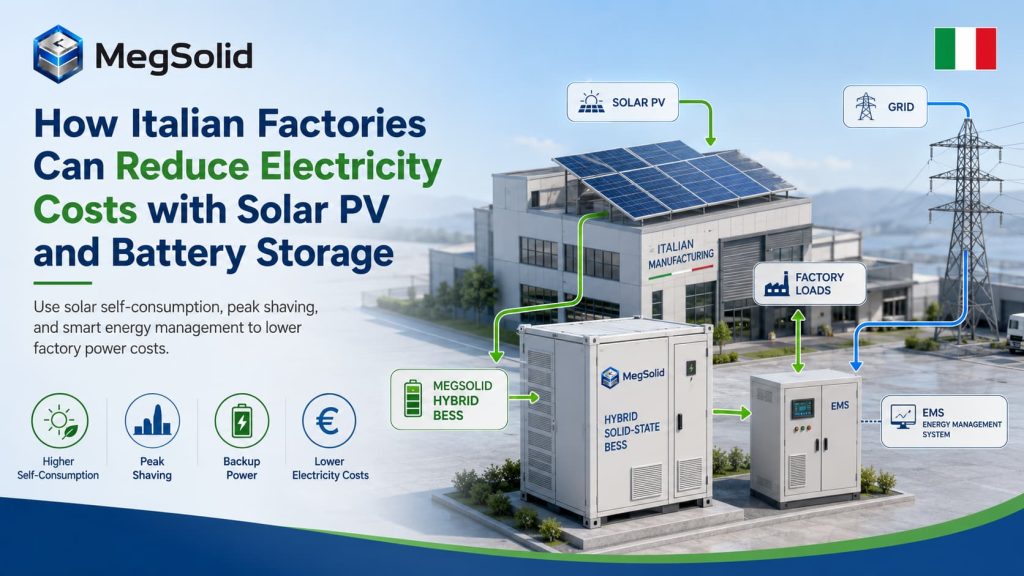 MegSolid commercial energy storage solution showing how Italian factories can reduce electricity costs with solar PV, hybrid solid-state BESS, and smart EMS peak shaving.
