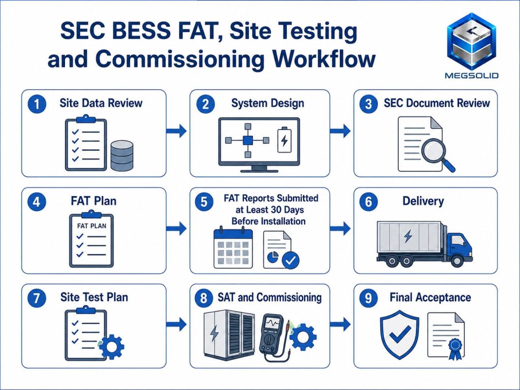 MegSolid 9-step SEC BESS FAT, site testing, and commissioning workflow for Saudi Arabia, outlining SEC document reviews, factory acceptance reports, and on-site SAT execution.