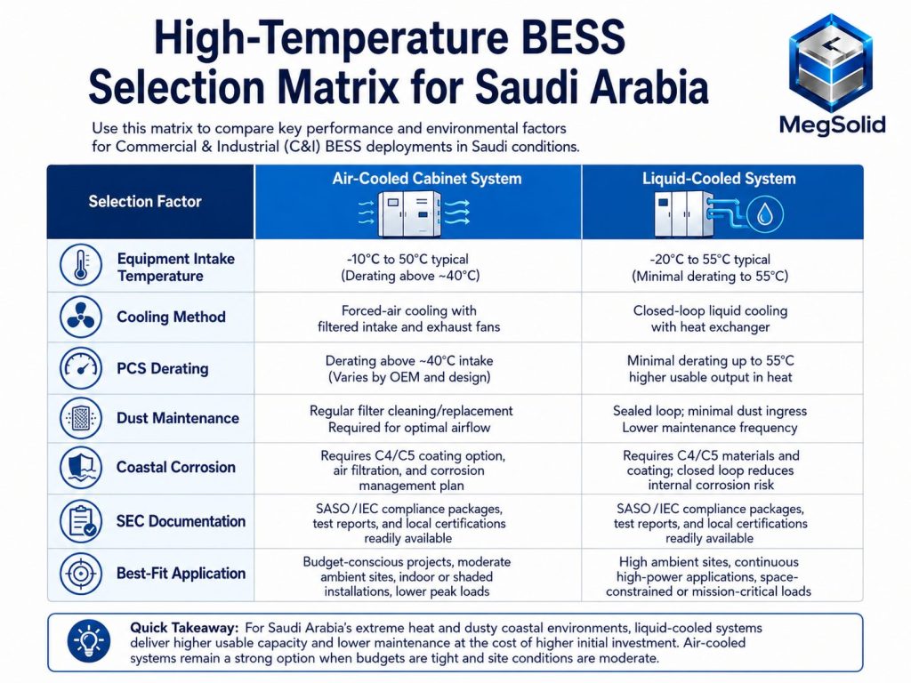 High-temperature BESS selection matrix for Saudi Arabia comparing air-cooled versus liquid-cooled battery storage across PCS derating, dust maintenance, C4/C5 coastal corrosion, and SEC compliance.