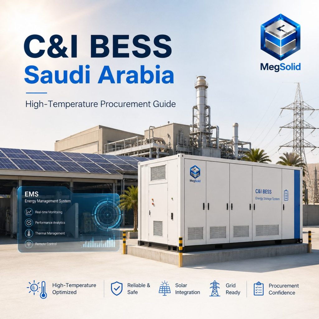 MegSolid C&I BESS Saudi Arabia high-temperature procurement guide, featuring a containerized energy storage system deployed at a Middle East industrial solar plant with smart EMS monitoring.