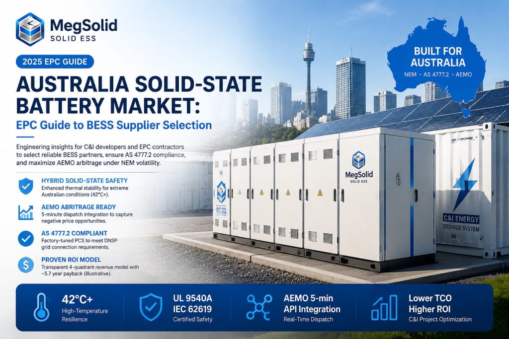 MegSolid hybrid solid-state battery energy storage system for Australian EPC projects with AS 4777.2 compliance and AEMO arbitrage capability