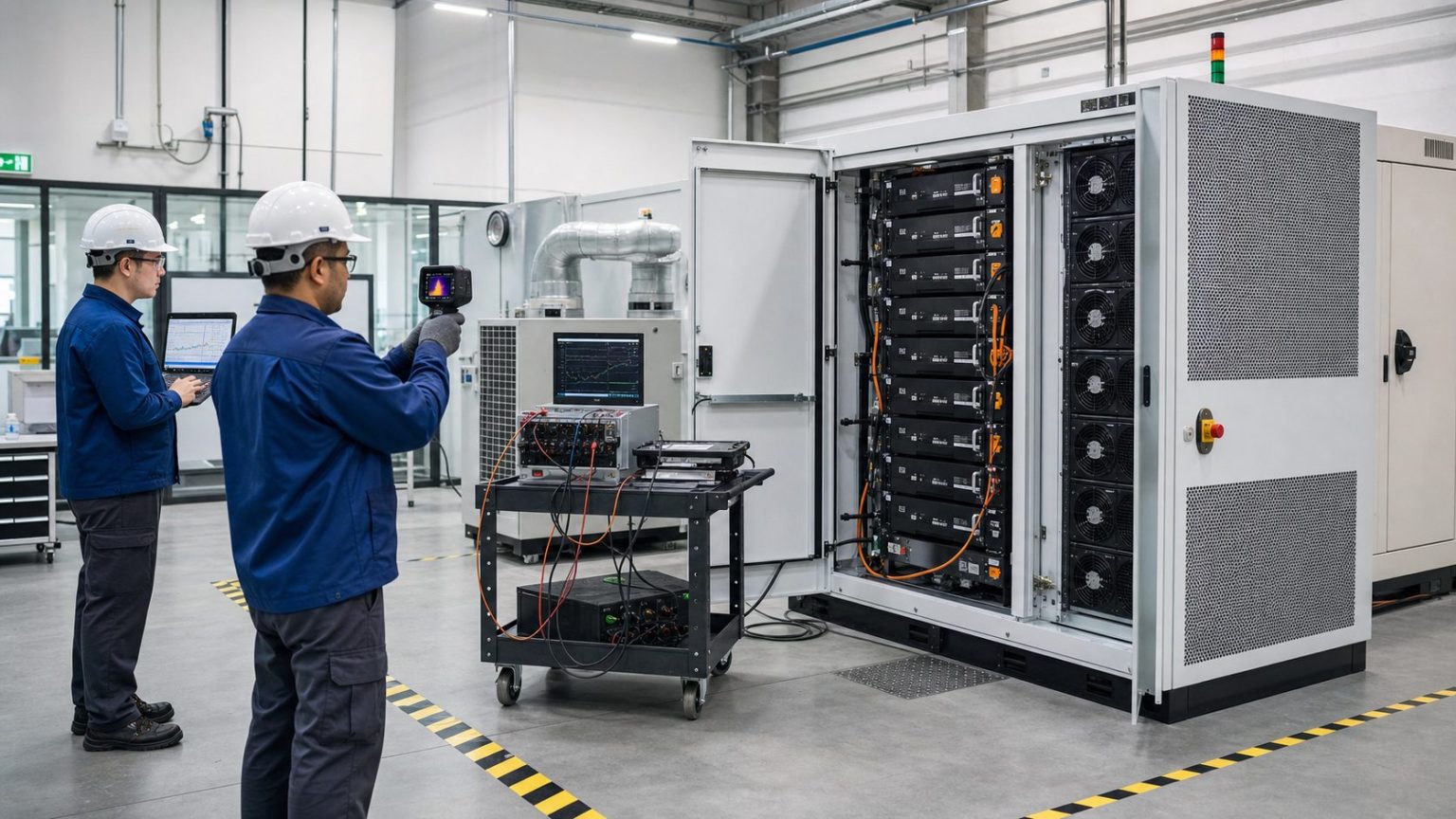 Engineers performing factory acceptance testing on a battery energy storage cabinet
