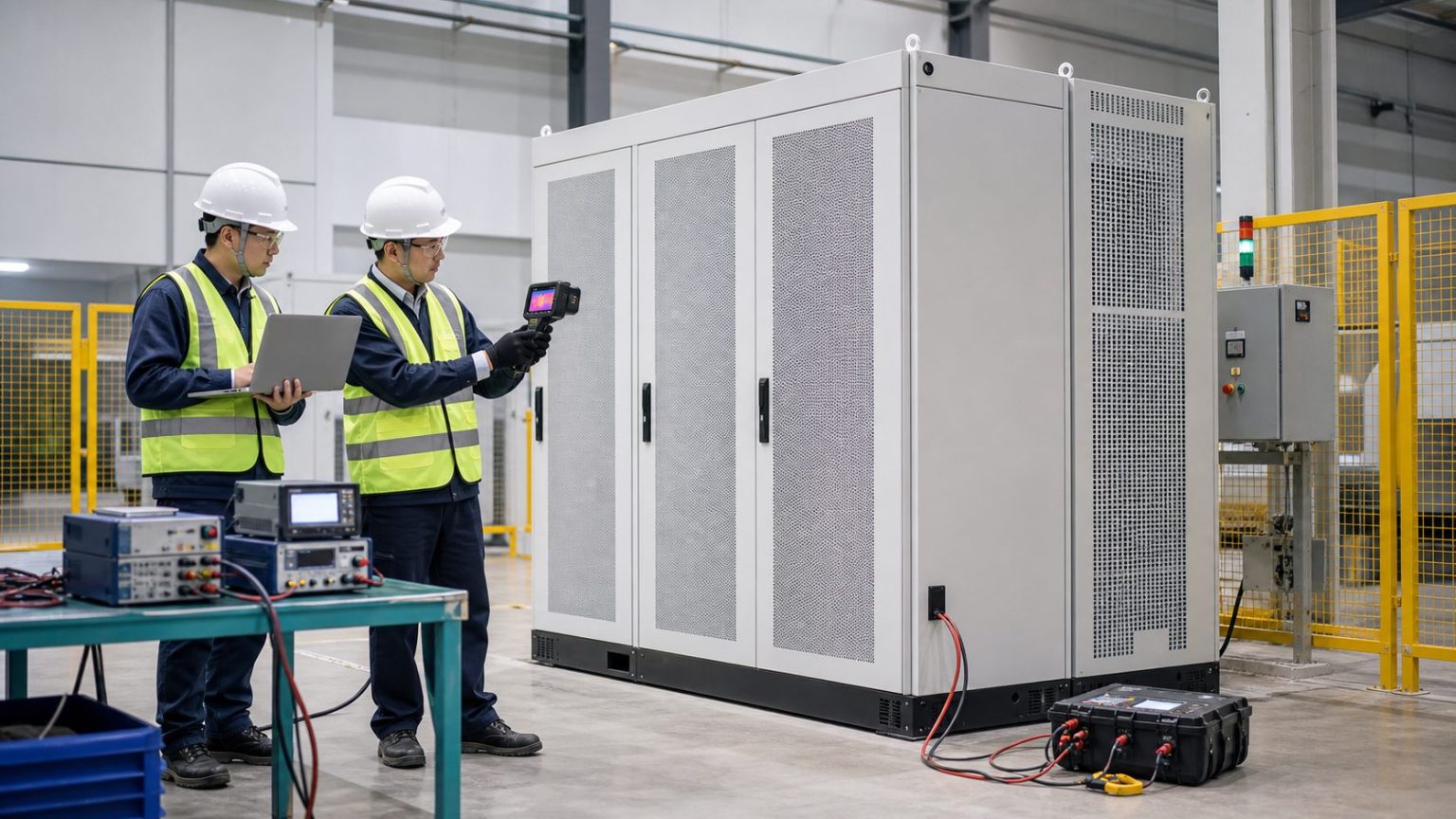 Engineers carrying out factory acceptance testing on a commercial battery storage cabinet