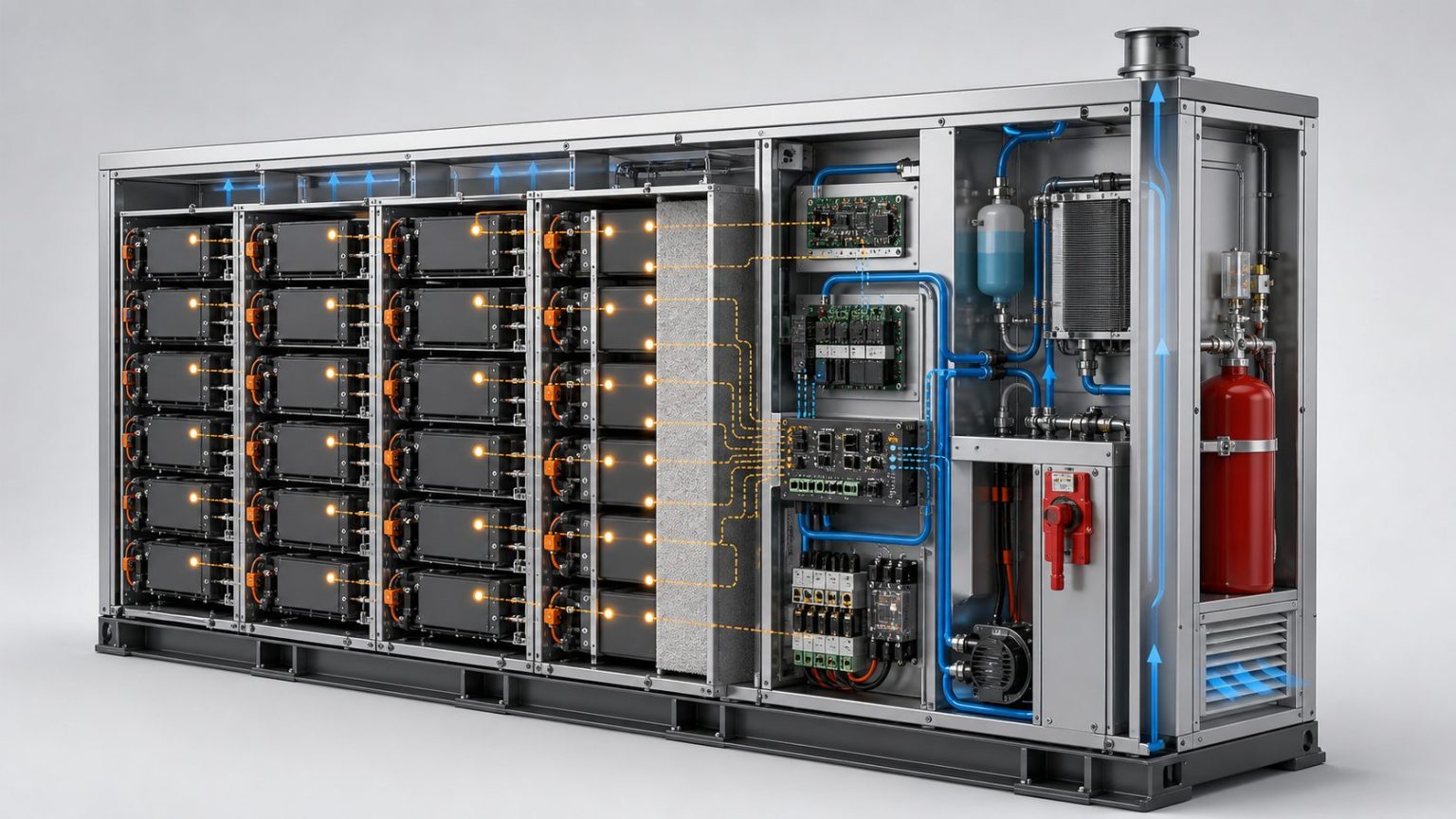Cutaway view of layered thermal runaway safety controls inside a BESS cabinet