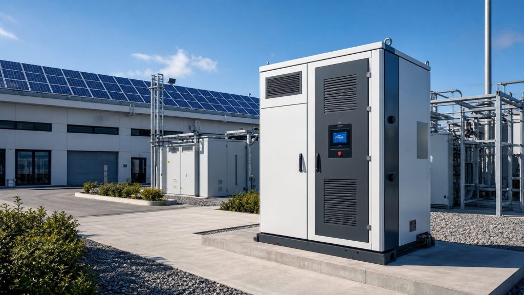 Commercial battery energy storage cabinet at a solar-powered industrial facility