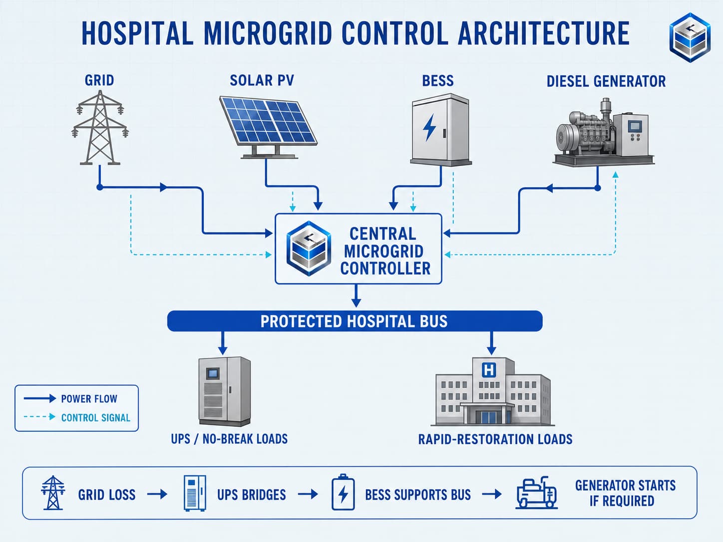 Hospital BESS UPS solar and diesel generator control architecture