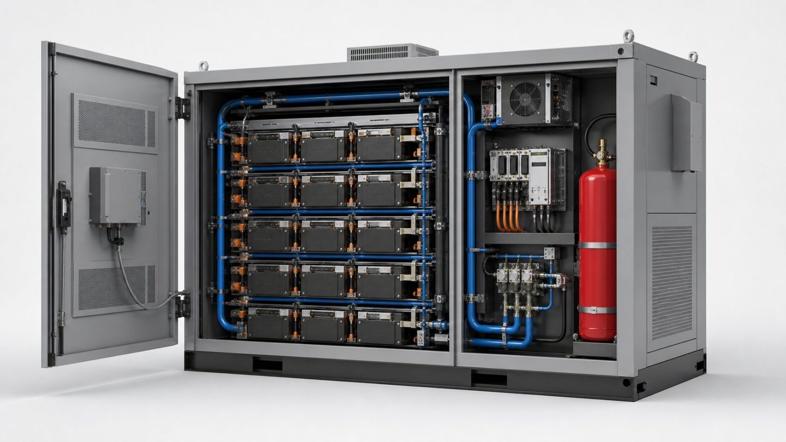 Conceptual cutaway of a liquid-cooled commercial battery energy storage cabinet