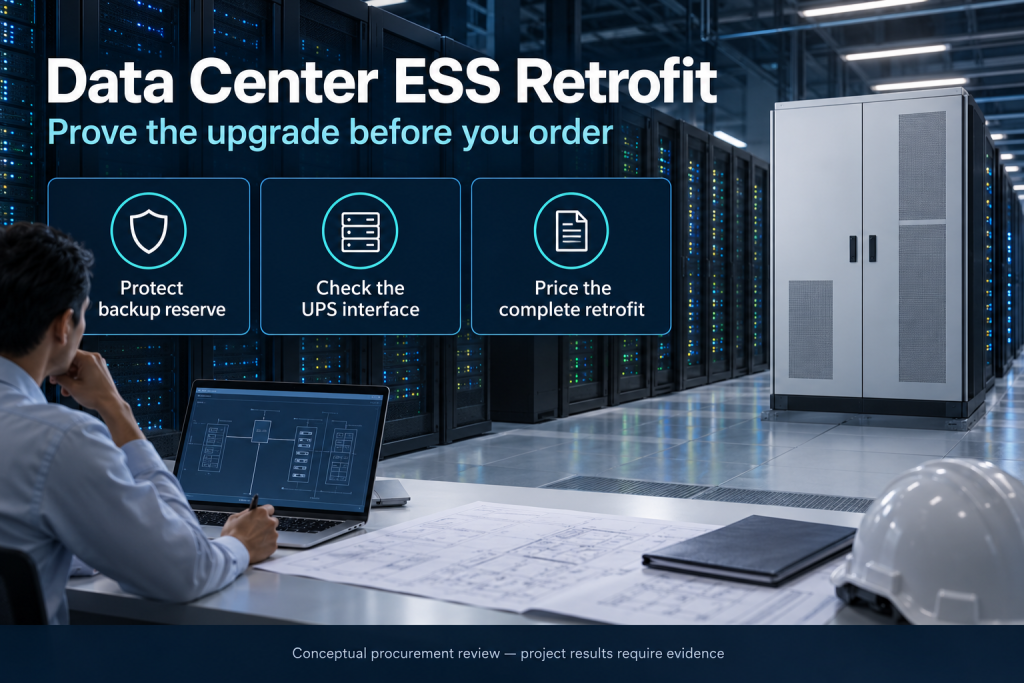 Conceptual MegSolid data center ESS retrofit review: protect backup reserve, confirm UPS interfaces and price the complete conversion scope