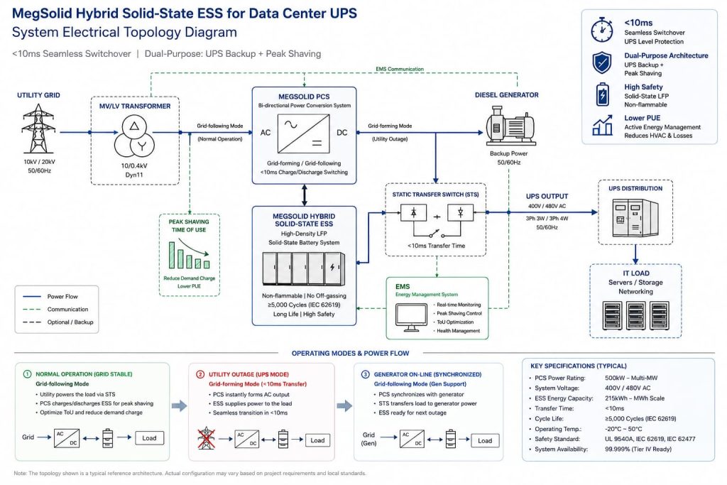 Electrical topology diagram of MegSolid hybrid solid-state ESS acting as a dual-purpose data center UPS with less than 10ms transfer switch via STS and grid-forming PCS.
