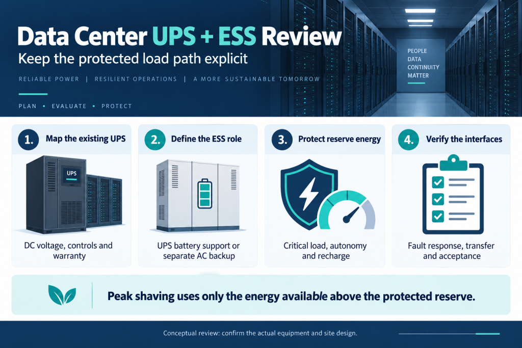 Data center UPS and ESS procurement review: existing UPS interfaces, actual ESS role, protected backup reserve and acceptance responsibilities