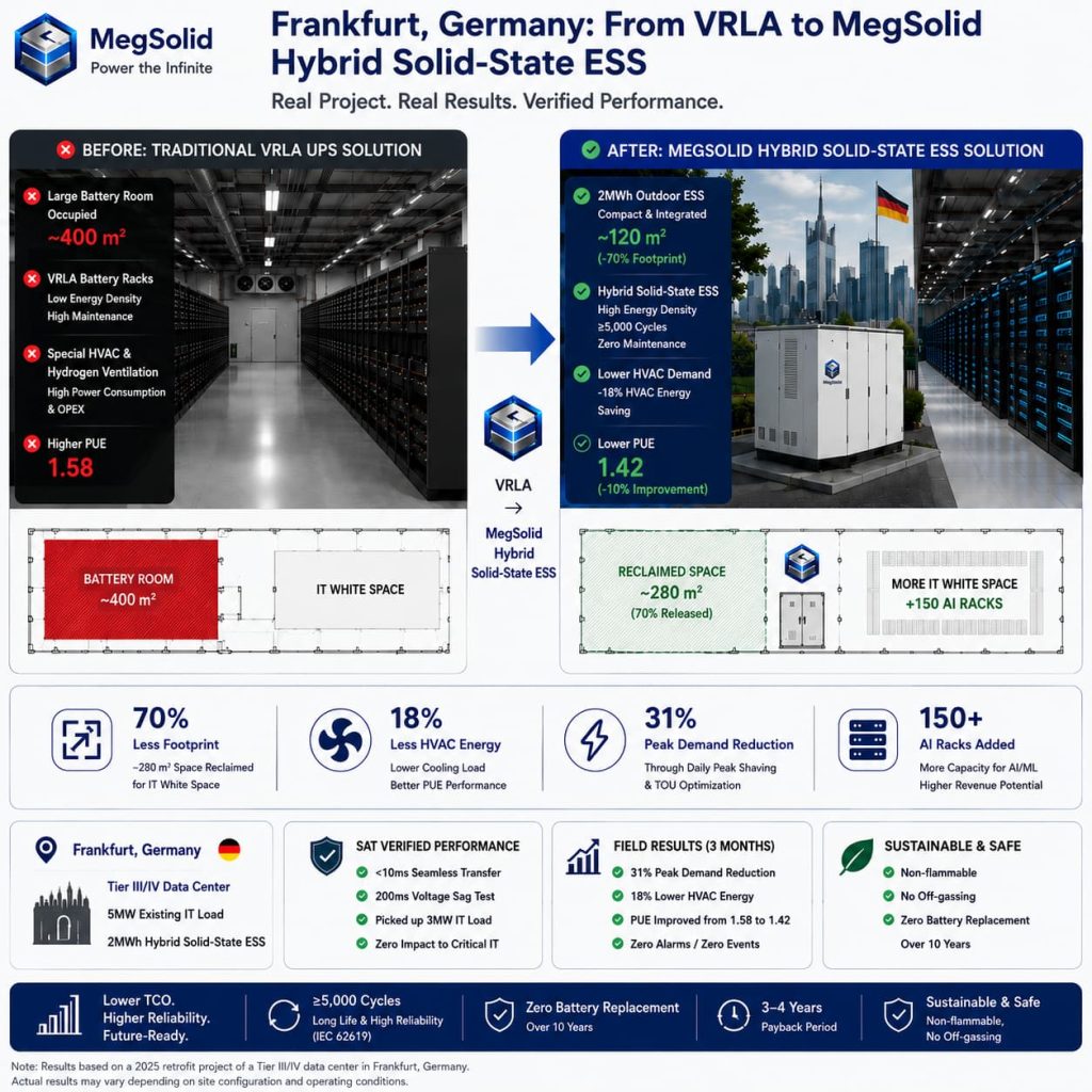 Verified engineering case study of a Frankfurt Tier III/IV data center replacing VRLA battery rooms with MegSolid 2MWh hybrid solid-state ESS, reclaiming 280m2 of white space and lowering PUE from 1.58 to 1.42.