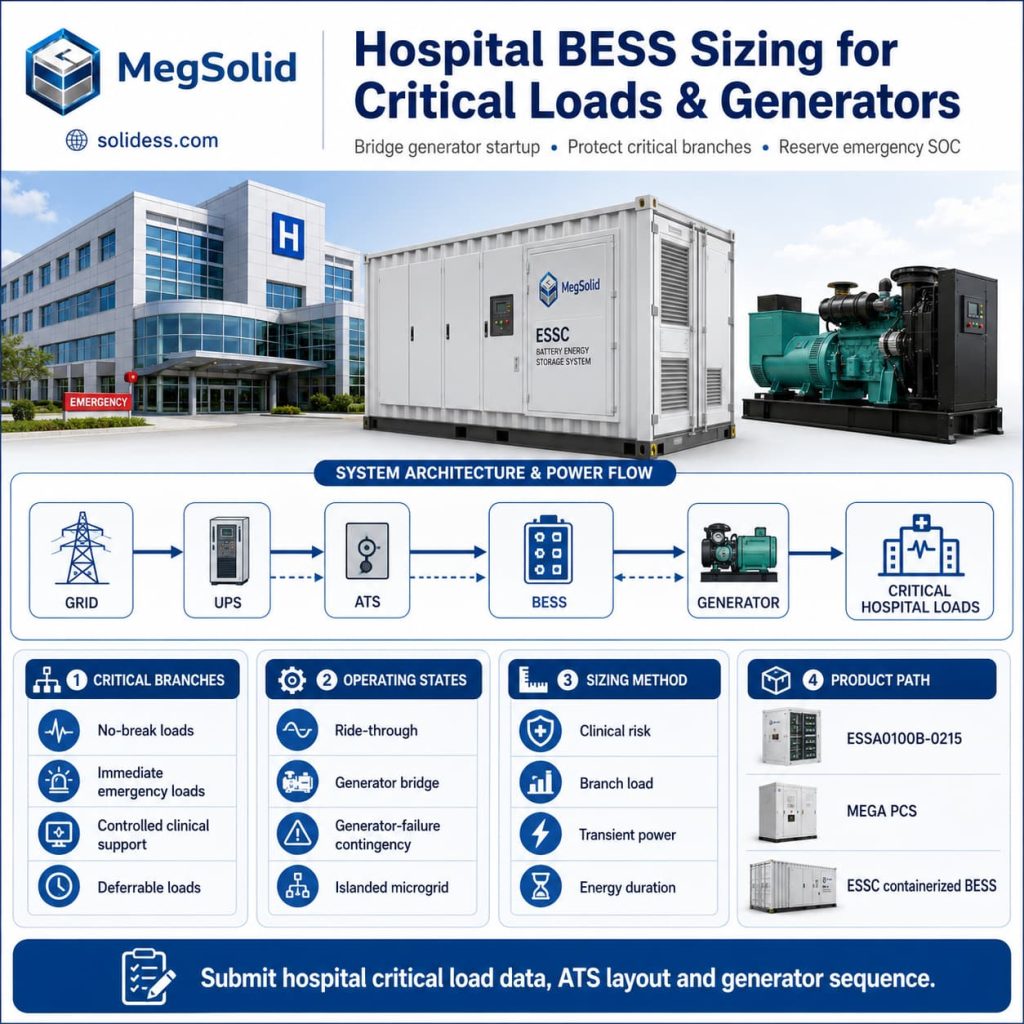 MegSolid hospital BESS sizing guide hero banner, illustrating medical clinic emergency power, ATS generator bridging, and life-support backup power architecture.