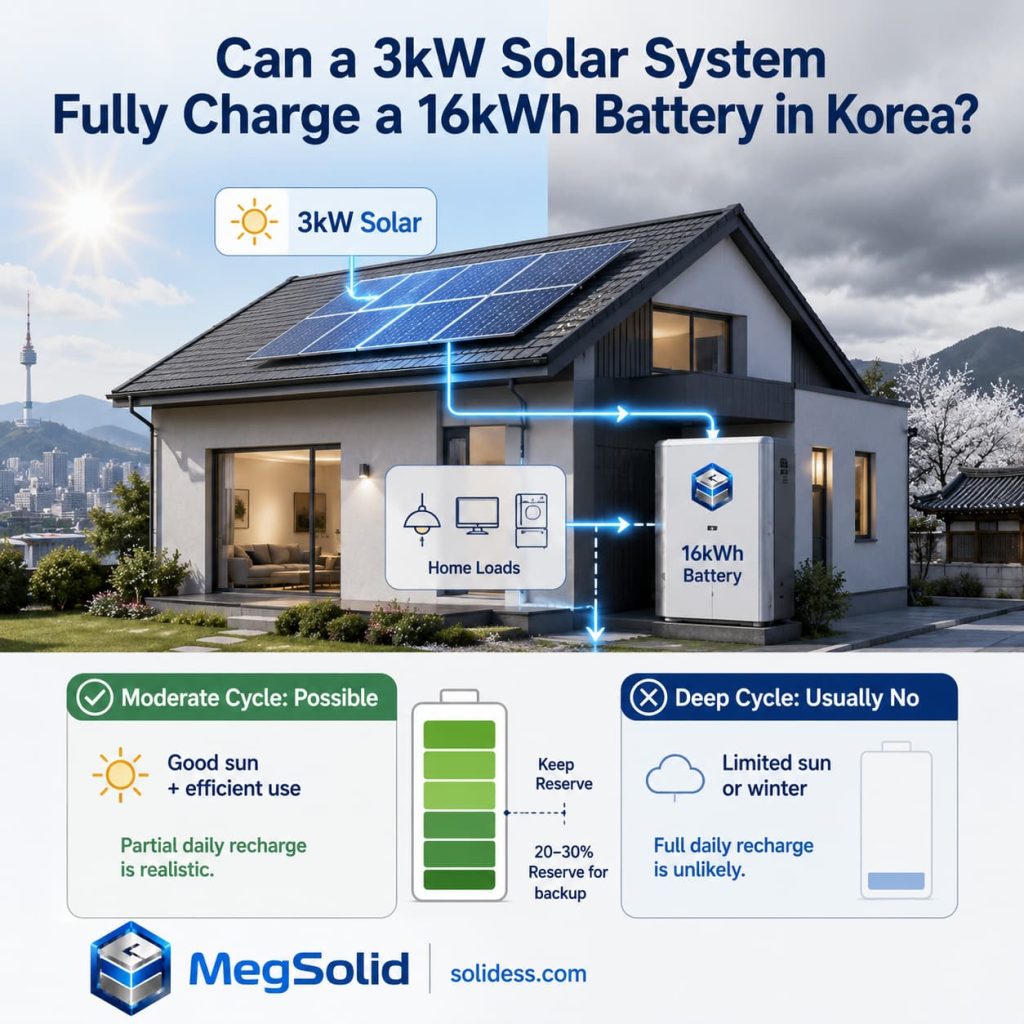 MegSolid residential solar and battery storage guide for South Korea, analyzing if a 3kW rooftop PV system can fully charge a 16kWh BESS under moderate and deep cycling conditions.
