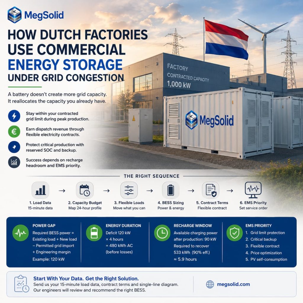 MegSolid Netherlands commercial BESS sizing guide under grid congestion, detailing 1,000 kW contracted capacity limit, 120 kW power gap shaving, 5.9-hour recharge window math, and 6-step engineering deployment sequence.