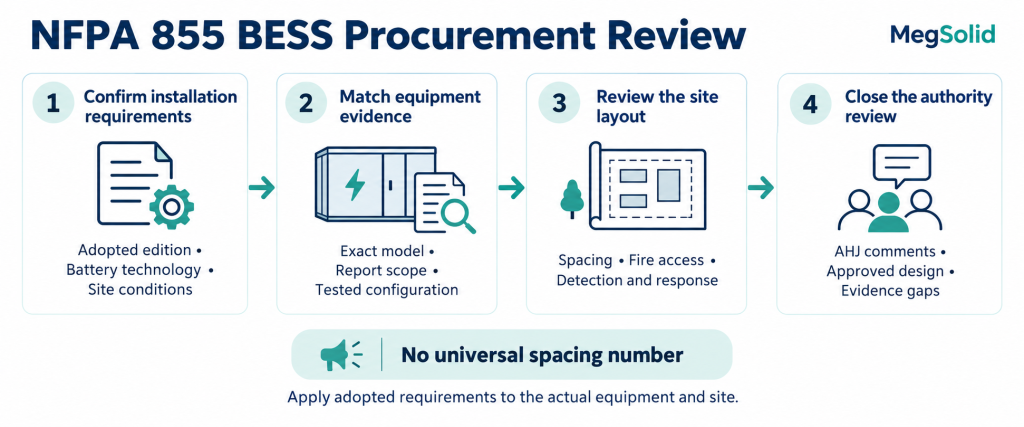 MegSolid NFPA 855 BESS procurement review covering adopted requirements, exact-model evidence, site layout and AHJ review