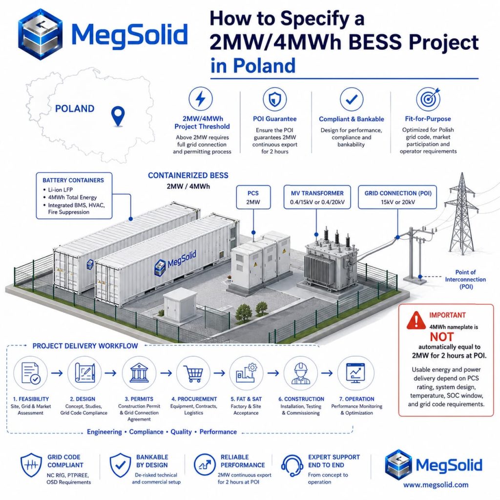 MegSolid 2MW 4MWh BESS project specification guide for Poland, detailing 15kV/20kV POI grid connections, NC RfG compliance, and a 7-step engineering delivery workflow.