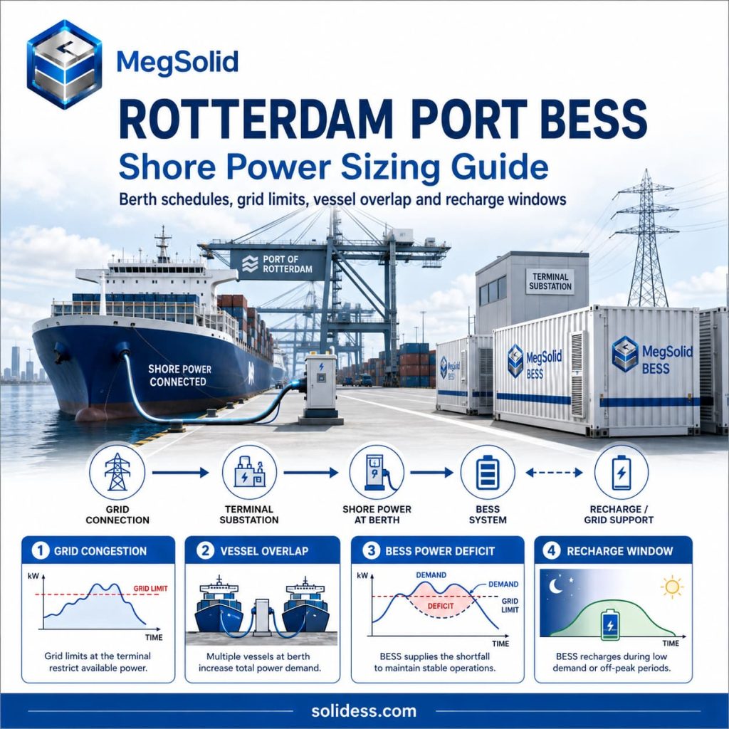 MegSolid Rotterdam port shore-power BESS hero banner, illustrating container ship cold ironing, terminal grid congestion management, vessel overlap peak shaving, and off-peak battery recharging.