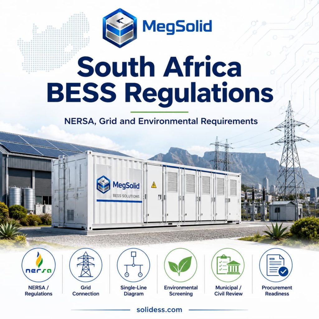 MegSolid South Africa BESS regulations overview banner, illustrating NERSA licensing, utility grid connection, single-line diagrams, environmental screening, and municipal civil review.