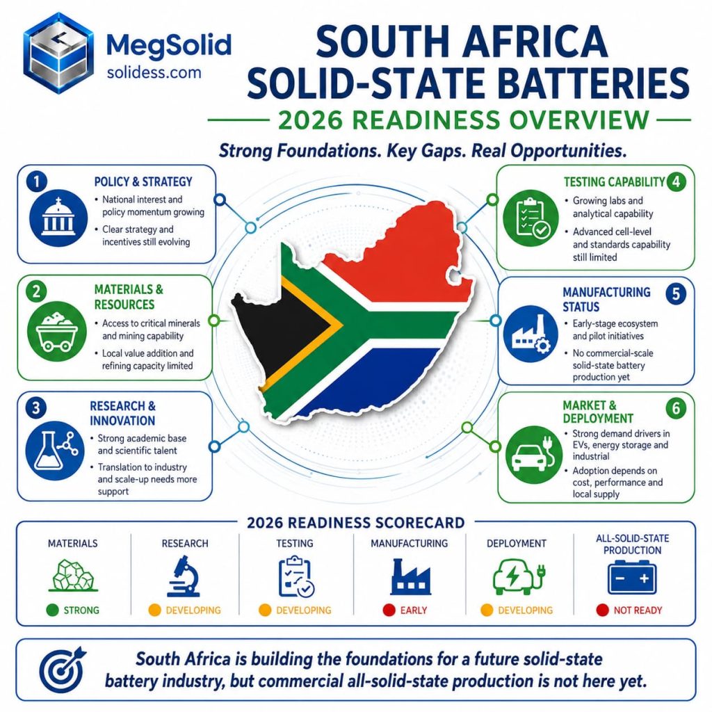 MegSolid South Africa solid-state battery 2026 readiness overview infographic, analyzing policy strategy, mineral materials, academic research, testing capability, and manufacturing status.