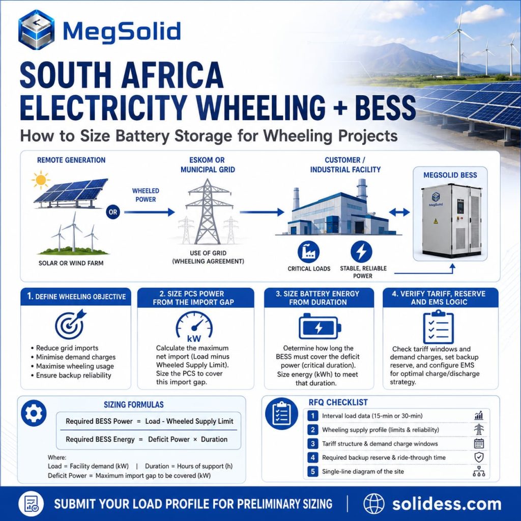 MegSolid South Africa electricity wheeling BESS sizing guide banner, outlining a 4-step sizing methodology, deficit power equations, and an engineering RFQ checklist for commercial off-takers.
