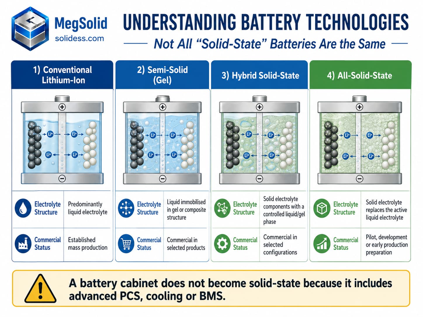 Battery technology comparison infographic differentiating conventional lithium-ion, semi-solid gel, hybrid solid-state, and all-solid-state electrolyte structures and commercial readiness.
