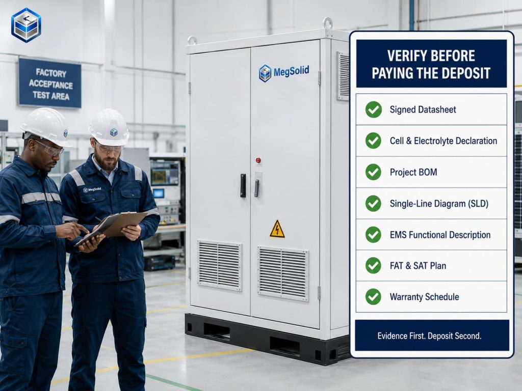 Pre-deposit BESS verification checklist for South African buyers, detailing 7 critical engineering documents including signed datasheet, project BOM, single-line diagram, EMS description, and FAT SAT plans.