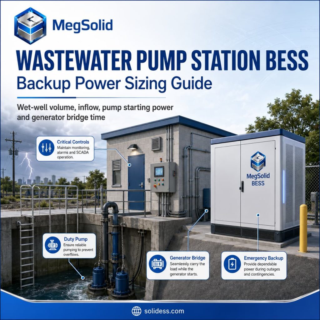 MegSolid commercial BESS backup power for wastewater pump stations hero banner, illustrating lift station wet-well overflow protection, SCADA control continuity, and generator bridging during storm outages.