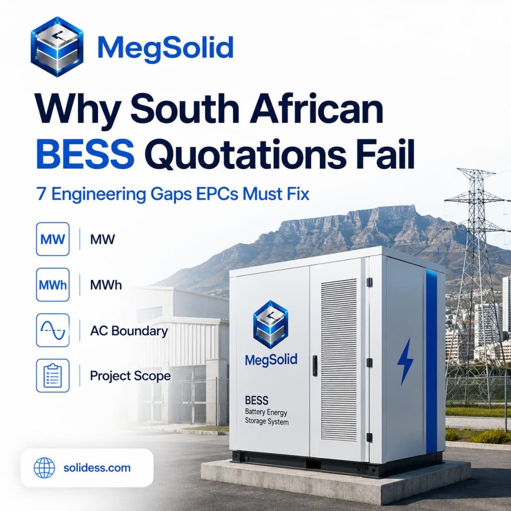 MegSolid South Africa BESS engineering guide banner detailing why commercial quotations fail and listing 7 critical gaps EPCs must fix for reliable energy storage procurement.