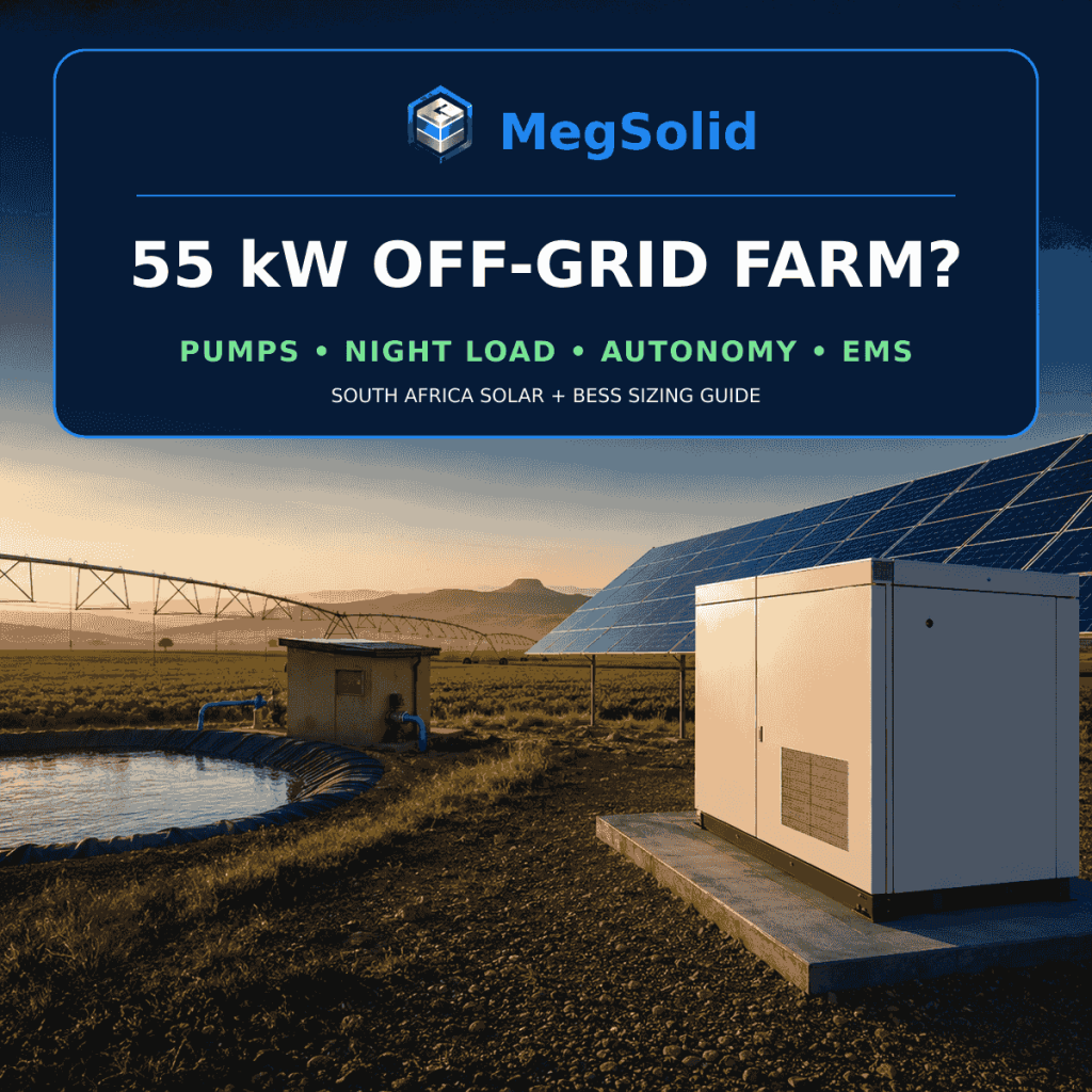 MegSolid solar and battery storage sizing concept for a 55 kW fully off-grid farm in South Africa