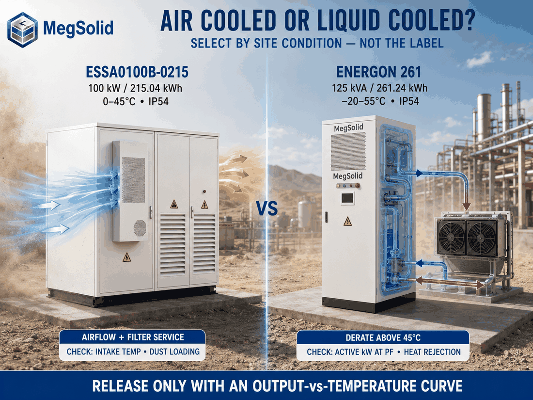 Comparaison entre le système de stockage d'énergie par batterie (BESS) MegSolid ESSA0100B-0215 à refroidissement par air et le système Energon 261 à refroidissement par liquide dans des conditions d'exploitation difficiles