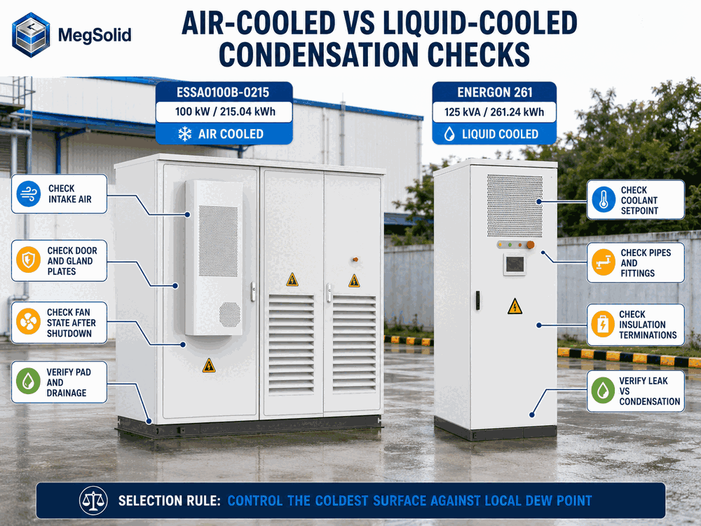 Real ESSA0100B-0215 and Energon 261 product comparison for air-cooled and liquid-cooled BESS condensation checks