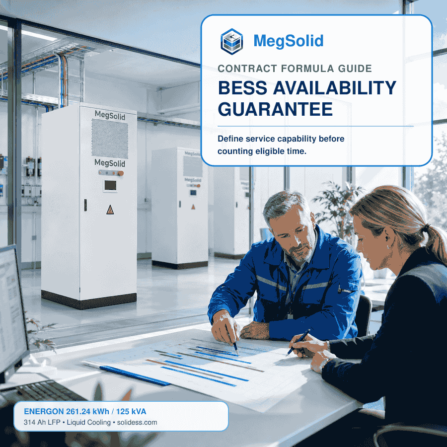MegSolid engineering and contract team reviewing availability evidence beside the official Energon 261.24kWh 125kVA liquid-cooled BESS cabinets