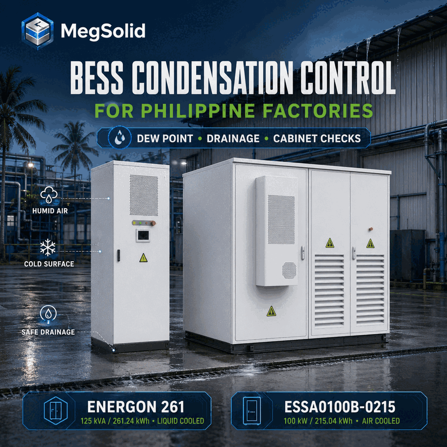 Real MegSolid ESSA0100B-0215 and Energon 261 products at a Philippine factory, showing humidity, cold-surface and drainage checks