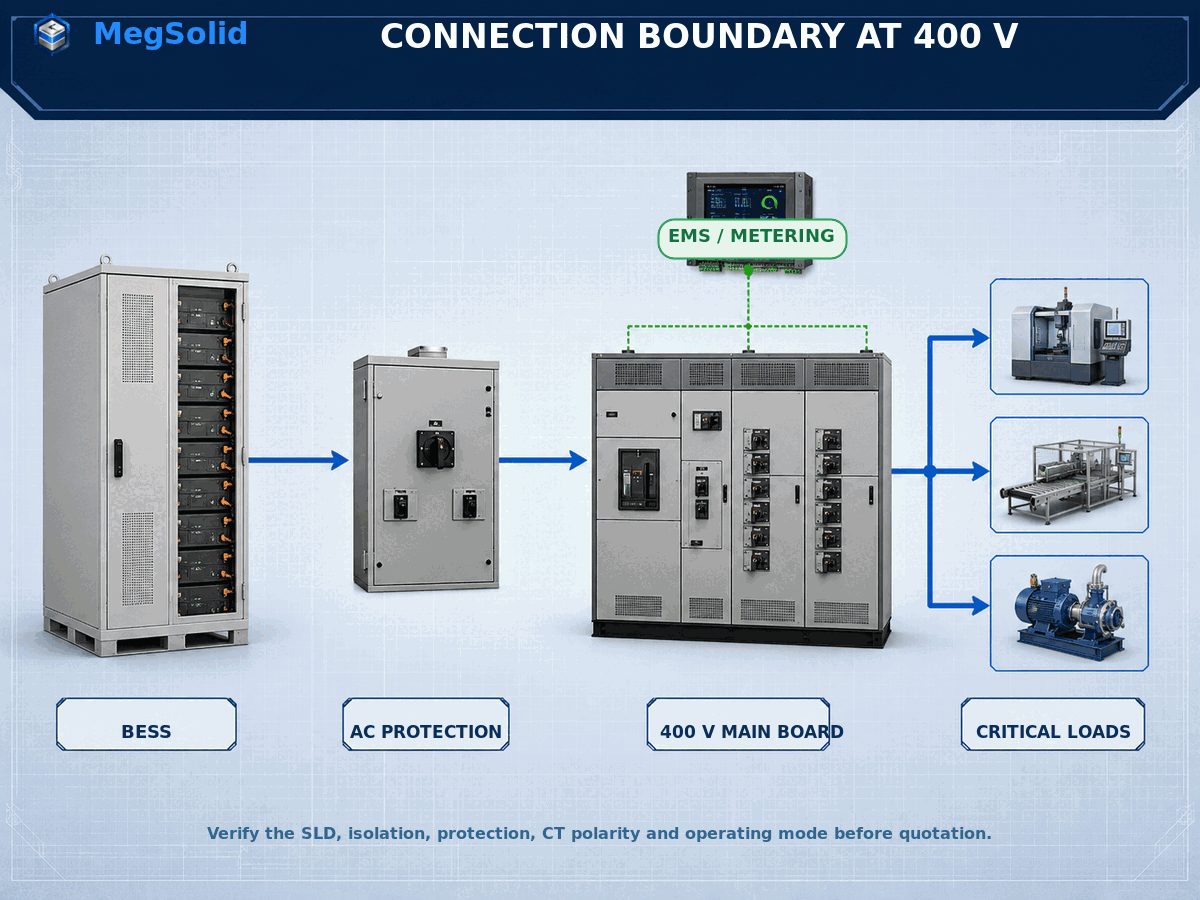 BESS AC protection EMS metering and critical-load connection boundary at a 400 V main board