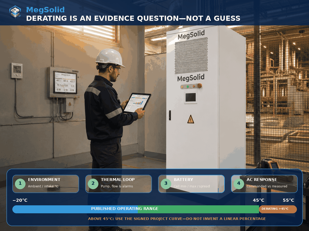Operating temperature and service evidence matrix for the MegSolid 261.24kWh liquid-cooled BESS with derating above 45 degrees Celsius