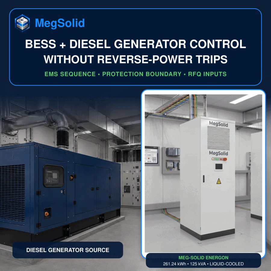 Real MegSolid Energon 261.24kWh 125kVA liquid-cooled C&I energy storage cabinet shown beside a diesel generator