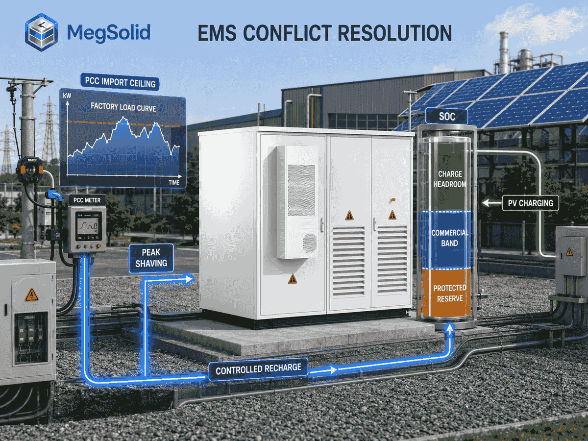 MegSolid BESS EMS engineering diagram showing dynamic SOC reserve peak shaving PV charging and controlled recharge