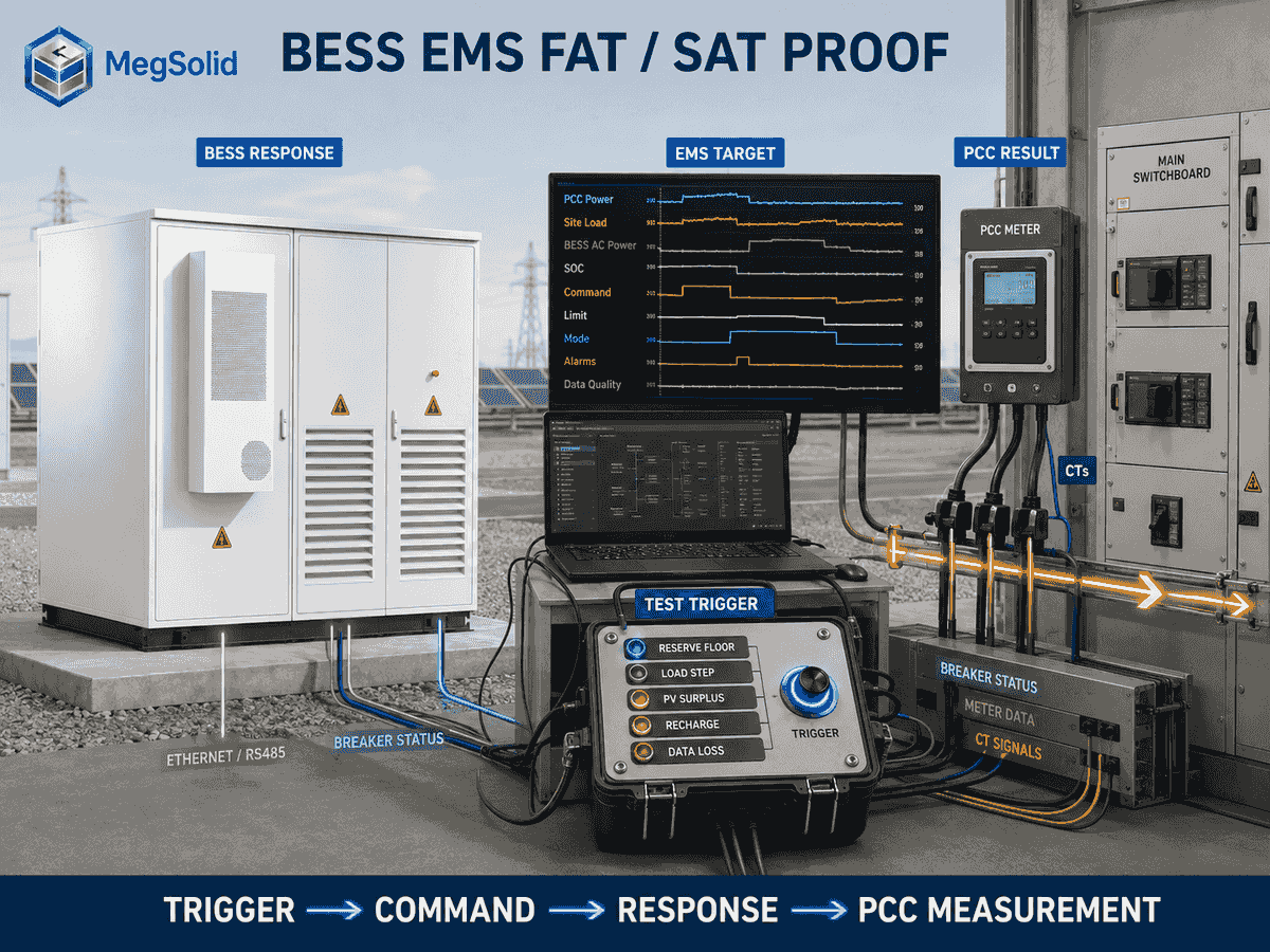 MegSolid BESS EMS FAT and SAT engineering test showing trigger command response and PCC measurement