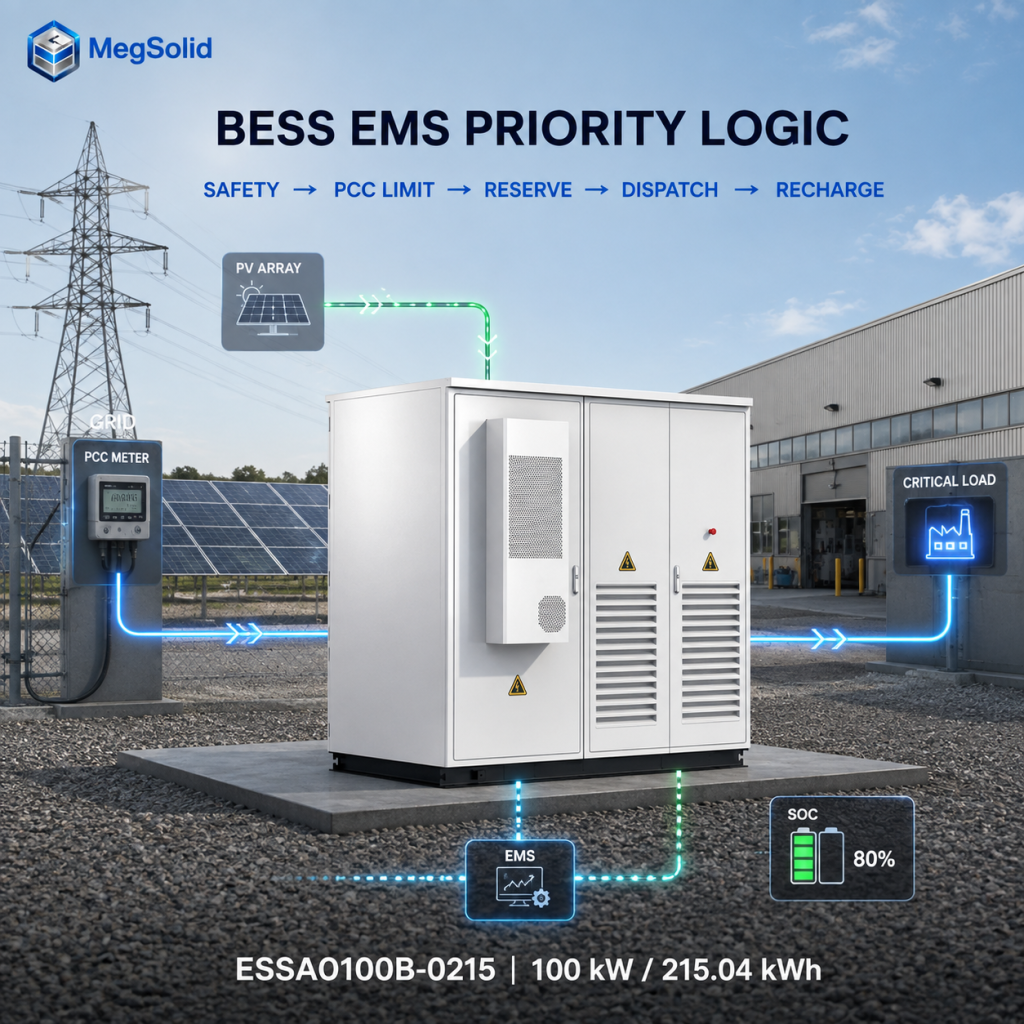MegSolid BESS EMS priority logic for reserve peak shaving and PV charging