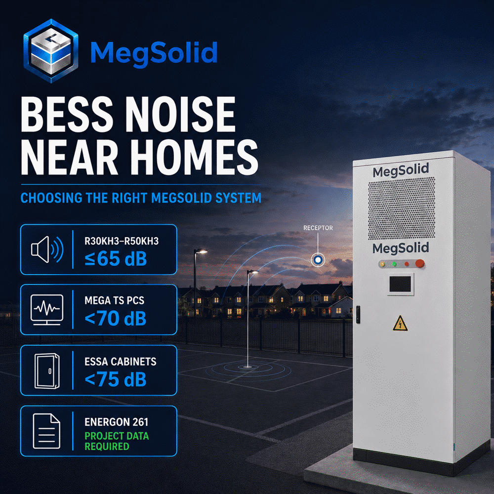 Umsindo weMegSolid BESS kufutshane nezindlu ugutyungelwa yikhabhathi yokwenyani yeEnergon 261 kunye namakhadi edatha yomsindo eqinisekisiweyo ye-ESSA, MEGA TS kunye ne-R30KH3–R50KH3.