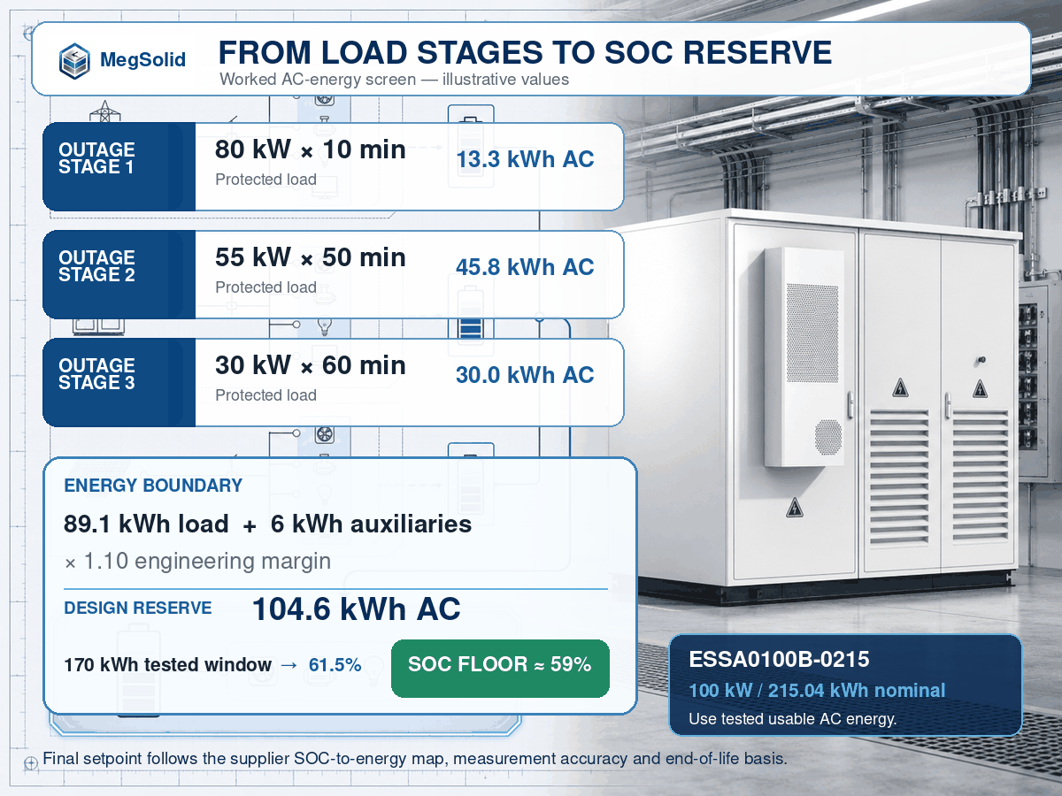 Calcul de la réserve BESS à partir de niveaux de coupure de 80 kW, 55 kW et 30 kW, jusqu'à 104,6 kWh CA et un seuil préliminaire de 59 % du SOC