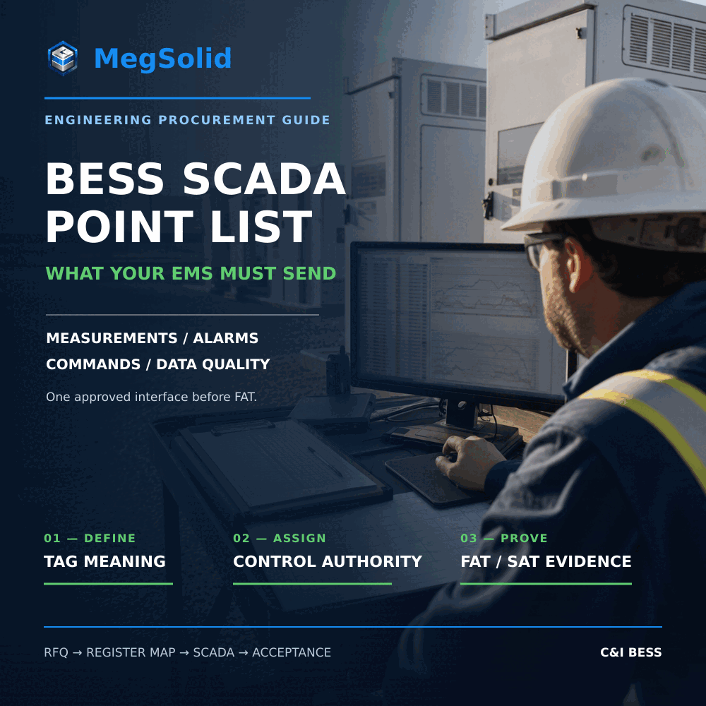 MegSolid engineer reviewing a BESS SCADA point list for EPC RFQ and FAT acceptance