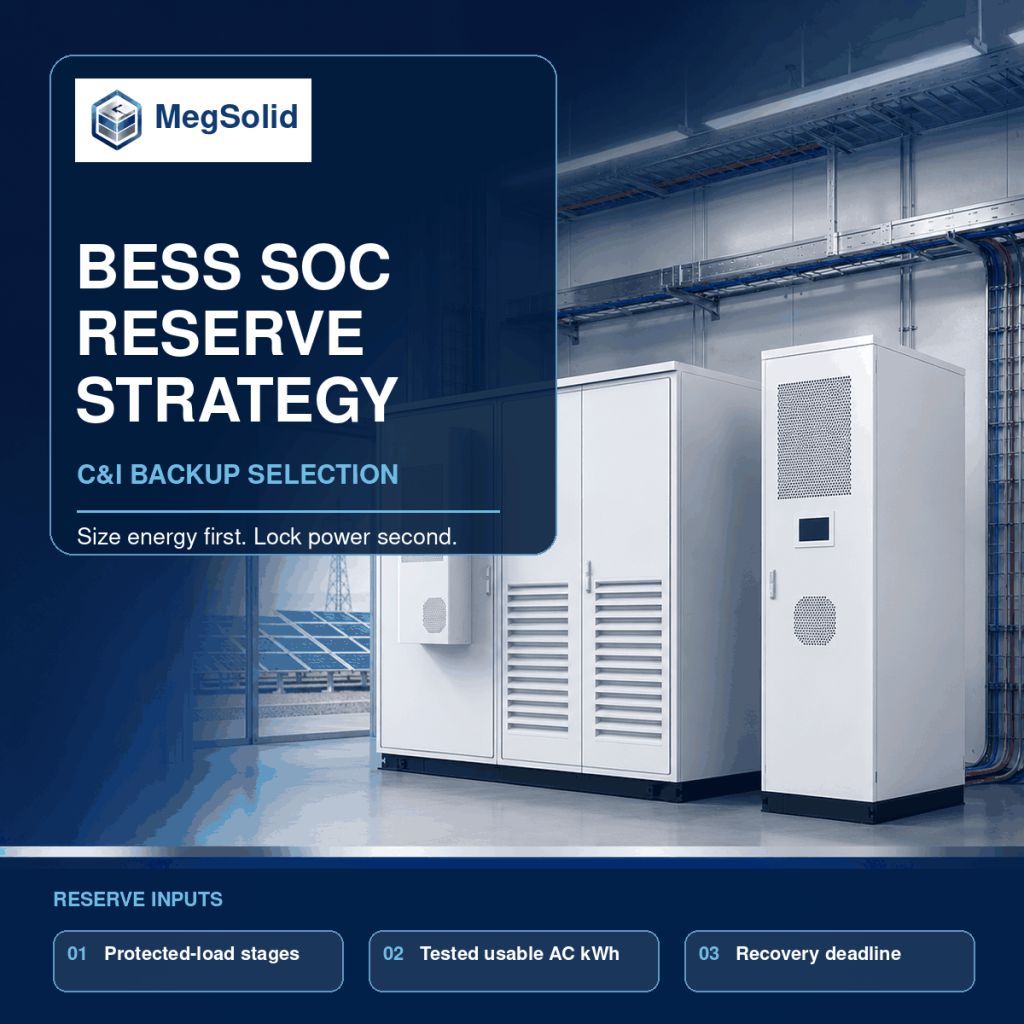 MegSolid BESS SOC reserve strategy cover with ESSA0100B-0215 and Energon cabinets for C&I backup selection