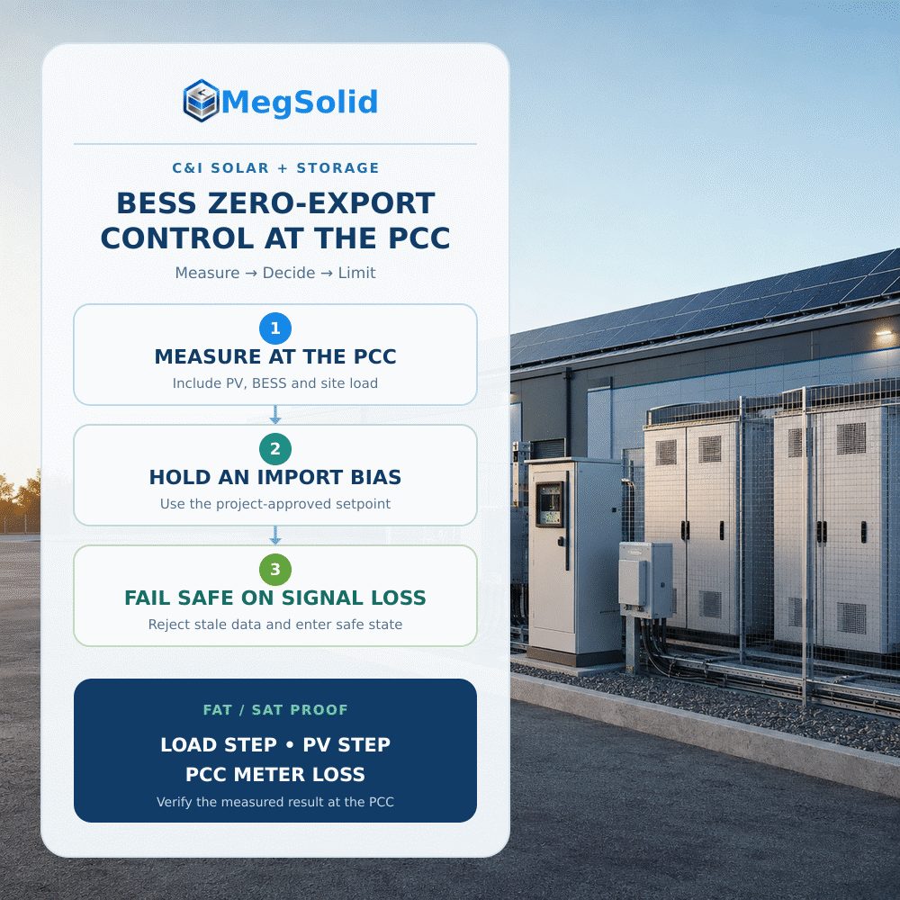 MegSolid BESS zero-export control at the PCC for commercial solar and battery storage