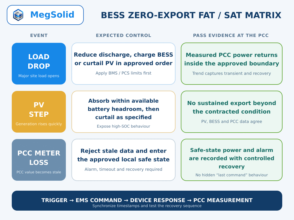MegSolid BESS zero-export FAT and SAT tests for load steps PV steps and PCC meter loss