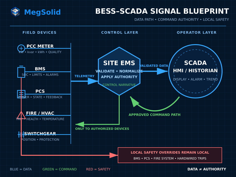Umyalelo wesignali ye-BESS-to-SCADA obonisa i-telemetry, igunya lokuyalela le-EMS kunye nezilawuli zokhuseleko zasekuhlaleni