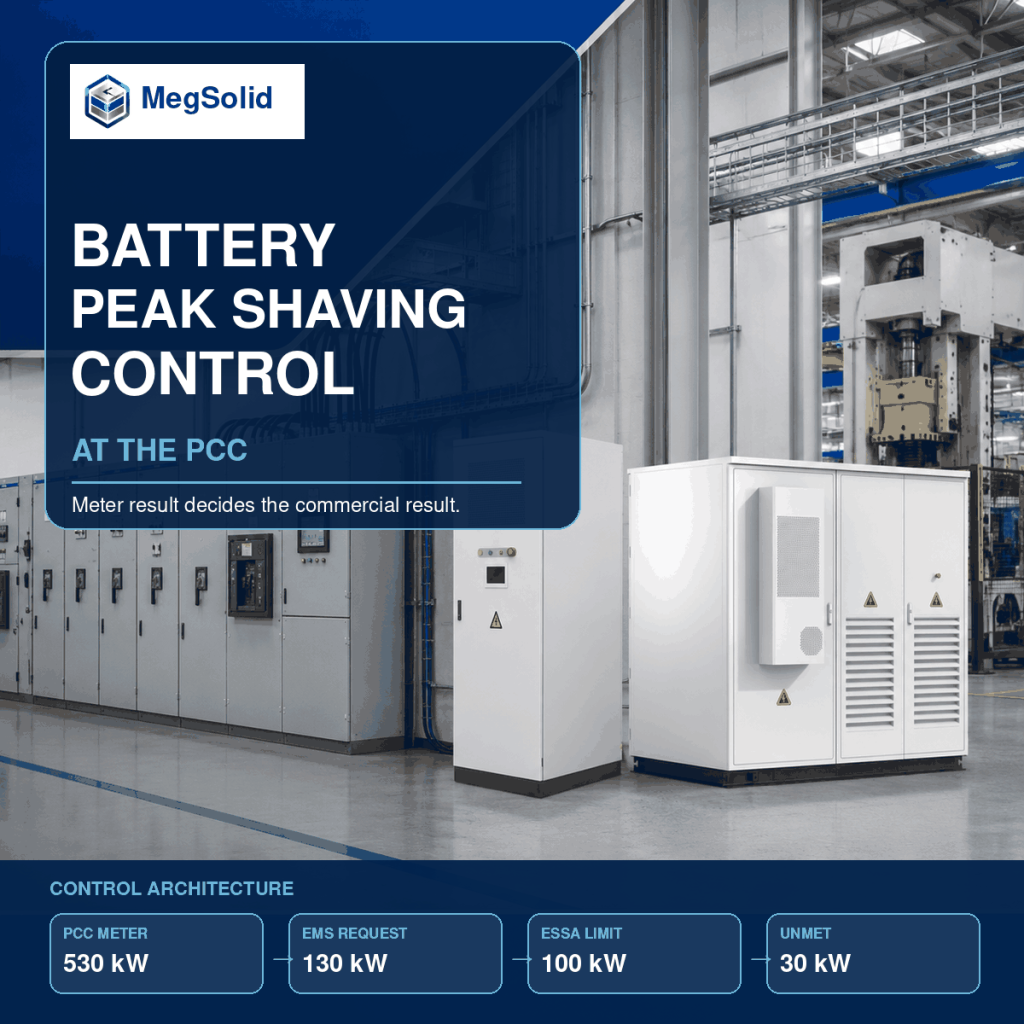 MegSolid battery peak shaving control cover with ESSA and Energon cabinets at an industrial PCC switchboard
