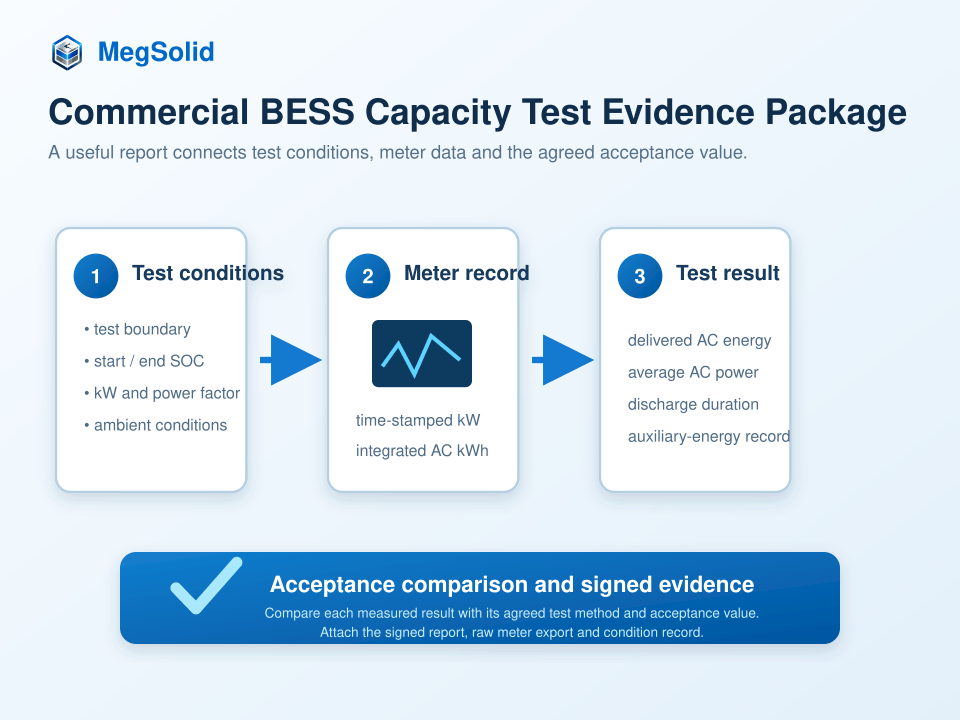 Commercial BESS capacity test evidence package diagram with test conditions, meter record, test result and signed acceptance report