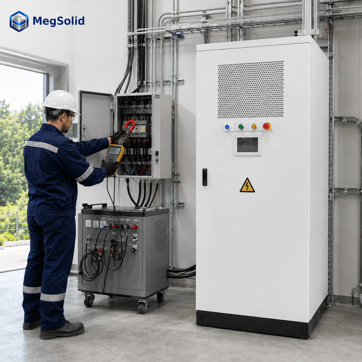 MegSolid commercial BESS capacity test with an engineer measuring AC output beside a C&I battery storage cabinet